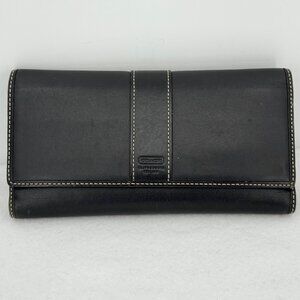 Coach Women's Black Leather Wallet Fold Over Trifold Snap with Checkbook Holder